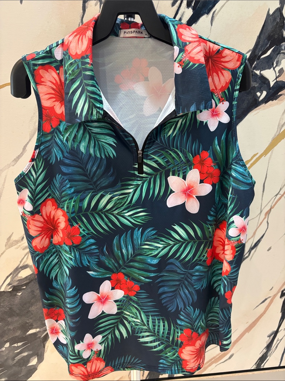 Pineapple Lane Tropical Floral Zip-Front Tank - Navy with Red & Pink Floral